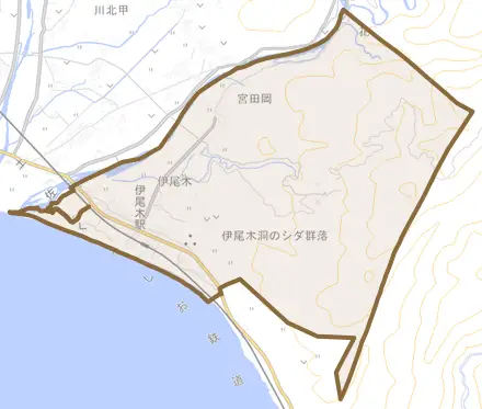 伊尾木とその周辺の地図。町の範囲を重ねている
