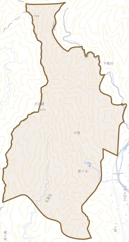 小谷とその周辺の地図。町の範囲を重ねている