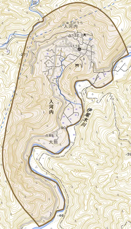 入河内とその周辺の地図。町の範囲を重ねている