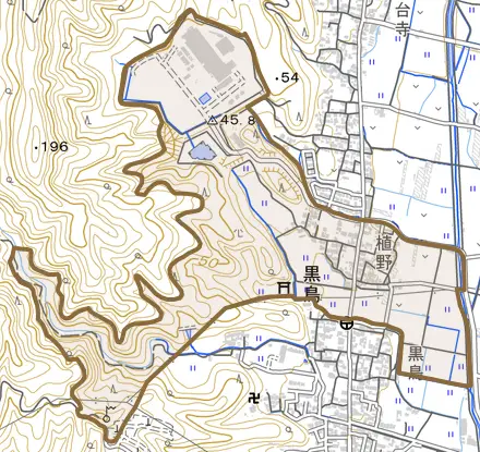 植野とその周辺の地図。町の範囲を重ねている