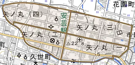 矢ノ丸とその周辺の地図。町の範囲を重ねている