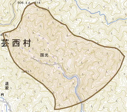 国光とその周辺の地図。町の範囲を重ねている
