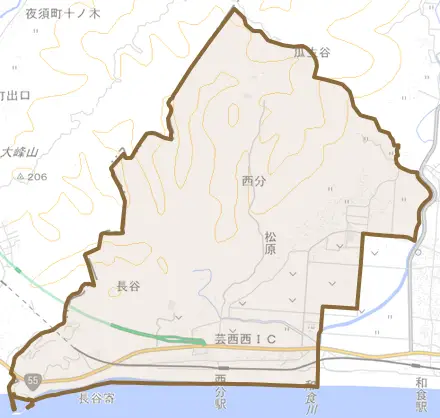 西分とその周辺の地図。町の範囲を重ねている