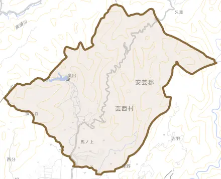 馬ノ上とその周辺の地図。町の範囲を重ねている