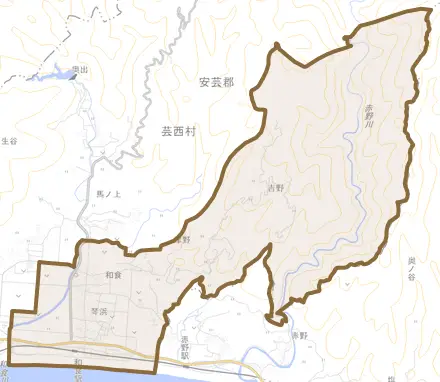 和食とその周辺の地図。町の範囲を重ねている