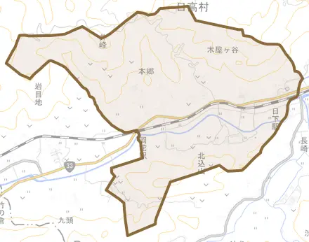 本郷とその周辺の地図。町の範囲を重ねている