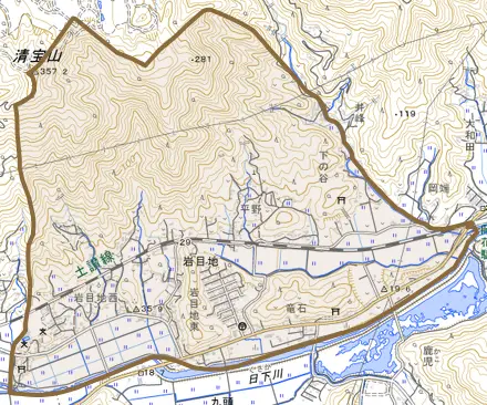 岩目地とその周辺の地図。町の範囲を重ねている