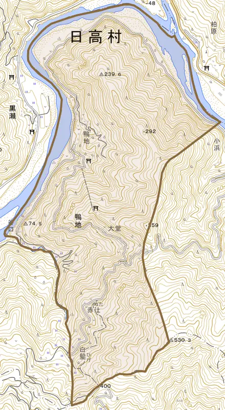 鴨地とその周辺の地図。町の範囲を重ねている