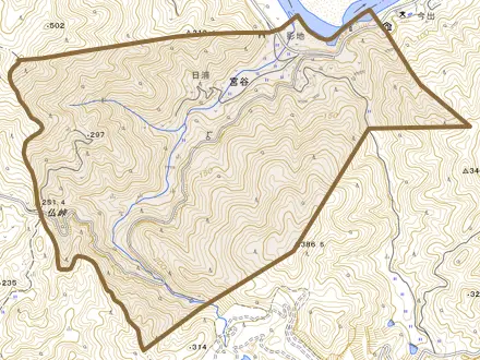 宮ノ谷とその周辺の地図。町の範囲を重ねている