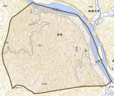長畑とその周辺の地図。町の範囲を重ねている