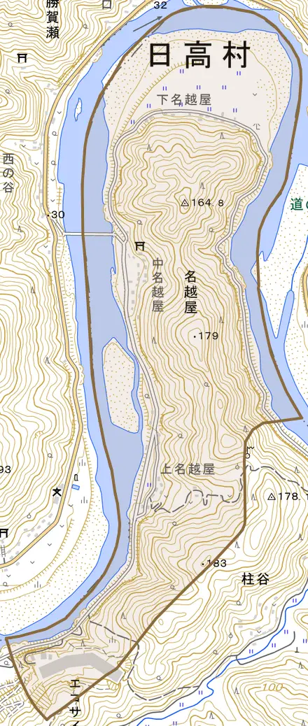 名越屋とその周辺の地図。町の範囲を重ねている