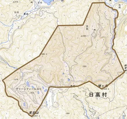 大花とその周辺の地図。町の範囲を重ねている