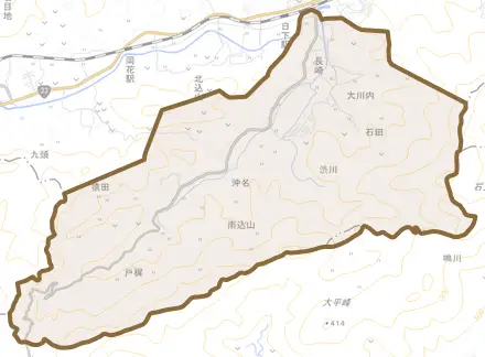 沖名とその周辺の地図。町の範囲を重ねている
