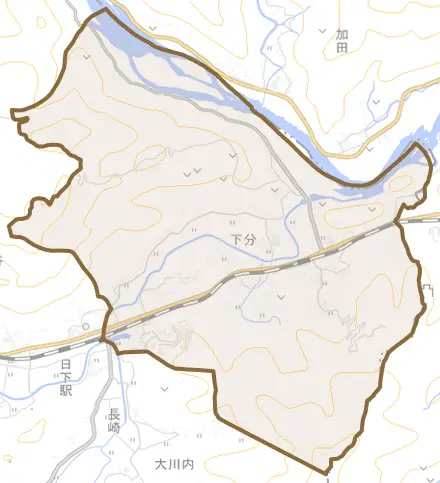 下分とその周辺の地図。町の範囲を重ねている