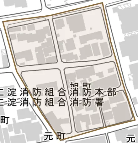 旭町とその周辺の地図。町の範囲を重ねている