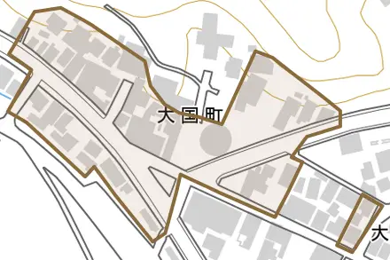大国町とその周辺の地図。町の範囲を重ねている