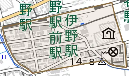 駅南町とその周辺の地図。町の範囲を重ねている