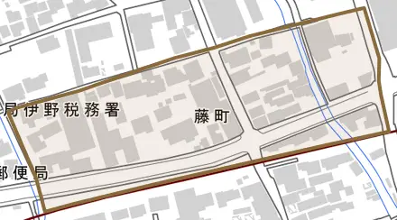 藤町とその周辺の地図。町の範囲を重ねている