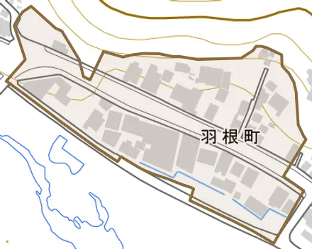羽根町とその周辺の地図。町の範囲を重ねている