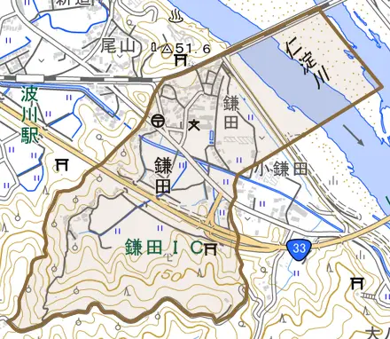 鎌田とその周辺の地図。町の範囲を重ねている