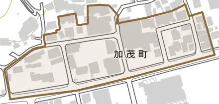 加茂町とその周辺の地図。町の範囲を重ねている