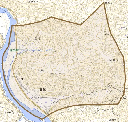 鹿敷とその周辺の地図。町の範囲を重ねている
