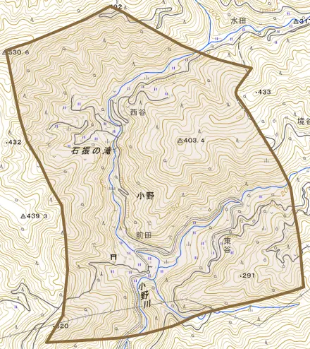 小野とその周辺の地図。町の範囲を重ねている