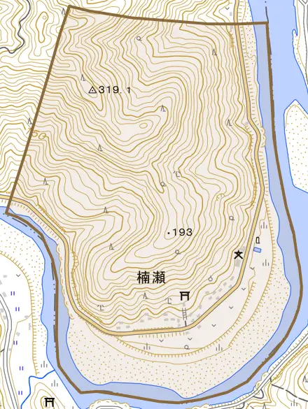 楠瀬とその周辺の地図。町の範囲を重ねている
