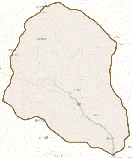 桑瀬とその周辺の地図。町の範囲を重ねている