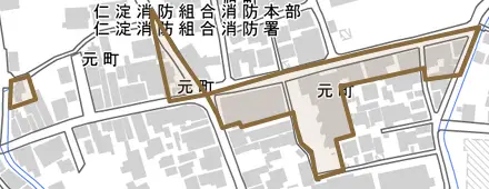 元町とその周辺の地図。町の範囲を重ねている