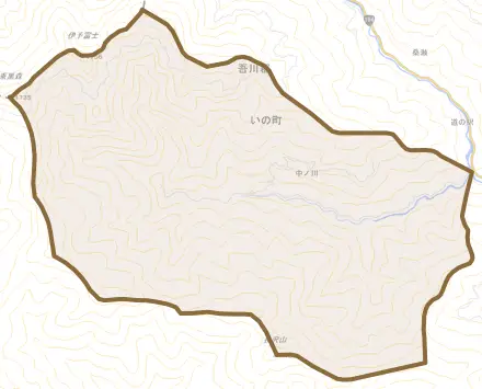 中ノ川とその周辺の地図。町の範囲を重ねている