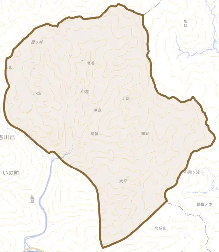 中追とその周辺の地図。町の範囲を重ねている