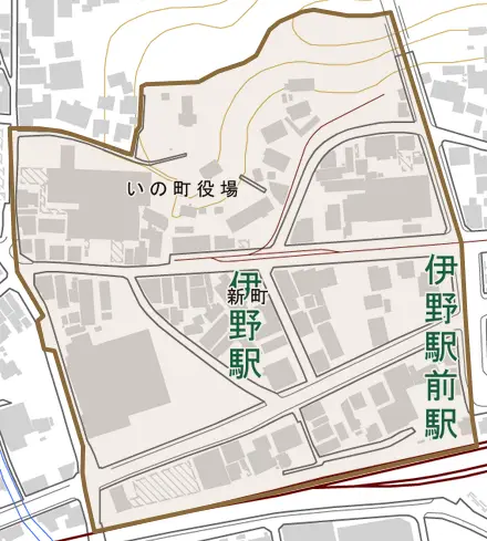 新町とその周辺の地図。町の範囲を重ねている