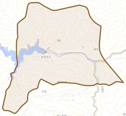 長沢とその周辺の地図。町の範囲を重ねている