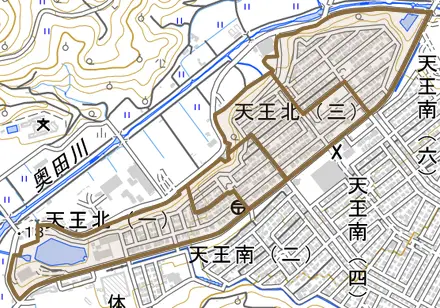 天王北とその周辺の地図。町の範囲を重ねている
