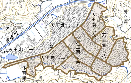 天王南とその周辺の地図。町の範囲を重ねている