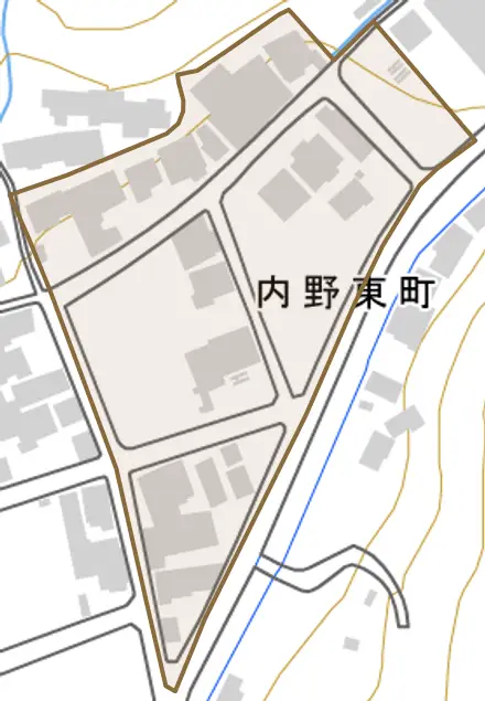 内野東町とその周辺の地図。町の範囲を重ねている