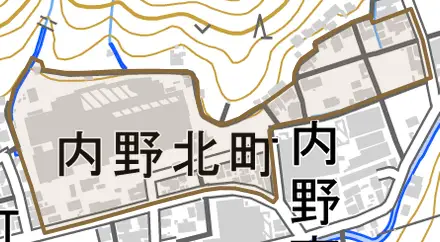 内野北町とその周辺の地図。町の範囲を重ねている