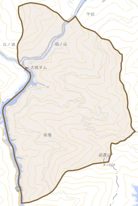 脇ノ山とその周辺の地図。町の範囲を重ねている