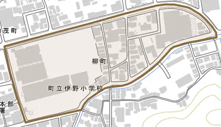 柳町とその周辺の地図。町の範囲を重ねている