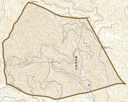 香北町有川とその周辺の地図。町の範囲を重ねている