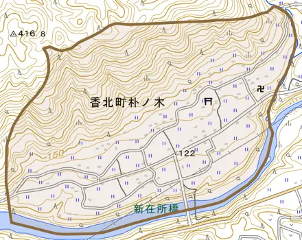 香北町朴ノ木とその周辺の地図。町の範囲を重ねている