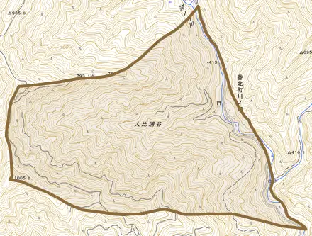 香北町川ノ内とその周辺の地図。町の範囲を重ねている