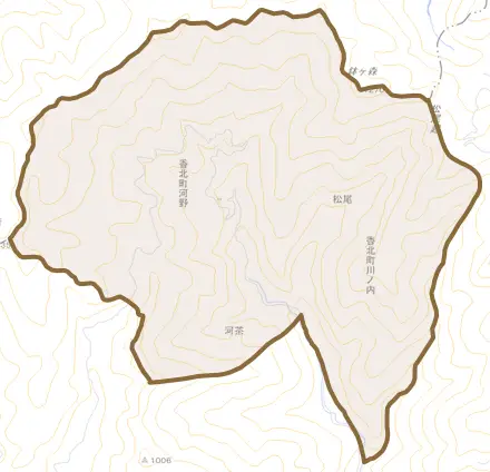 香北町河野とその周辺の地図。町の範囲を重ねている