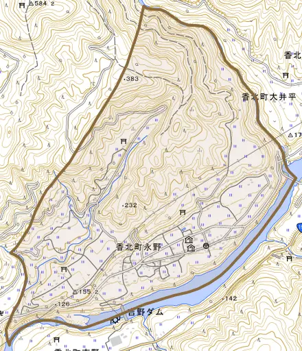 香北町永野とその周辺の地図。町の範囲を重ねている