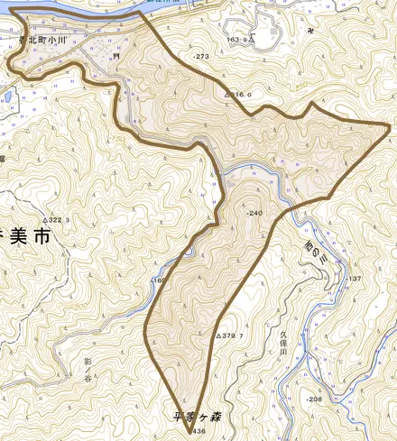香北町小川とその周辺の地図。町の範囲を重ねている