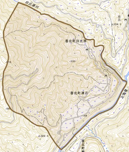 香北町清爪とその周辺の地図。町の範囲を重ねている
