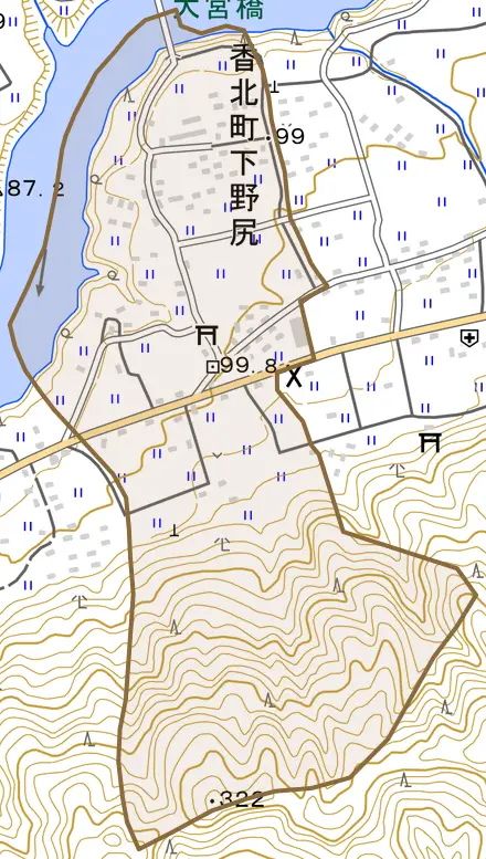 香北町下野尻とその周辺の地図。町の範囲を重ねている