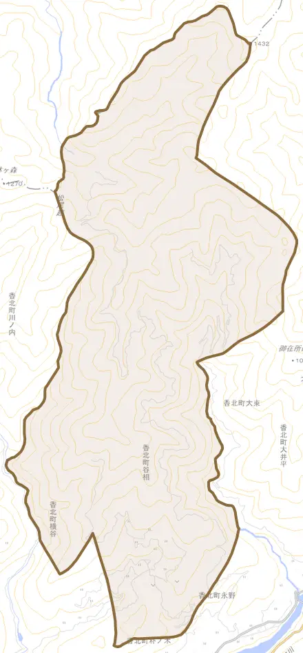 香北町谷相とその周辺の地図。町の範囲を重ねている