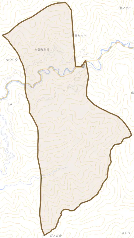 物部町別役とその周辺の地図。町の範囲を重ねている